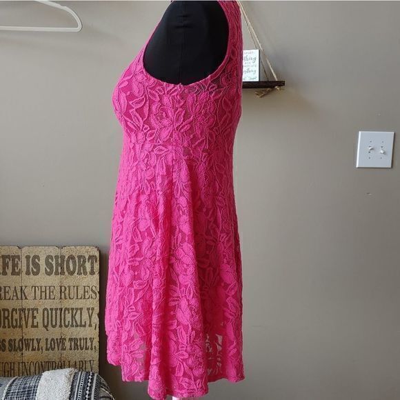 Free People Bright Pink Double Mini Dress with Detachable Lace Outer Dress No Sz - Picture 3 of 11